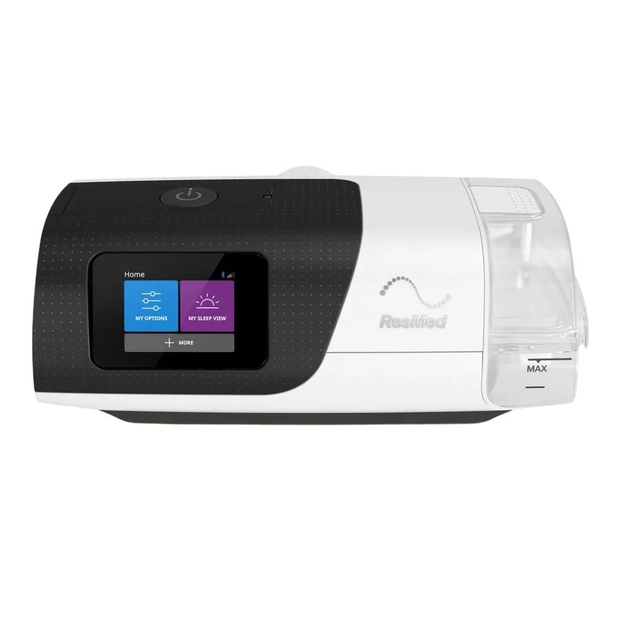 ResMed AirSense 11 device with a touchscreen, white housing, and water chamber on the right