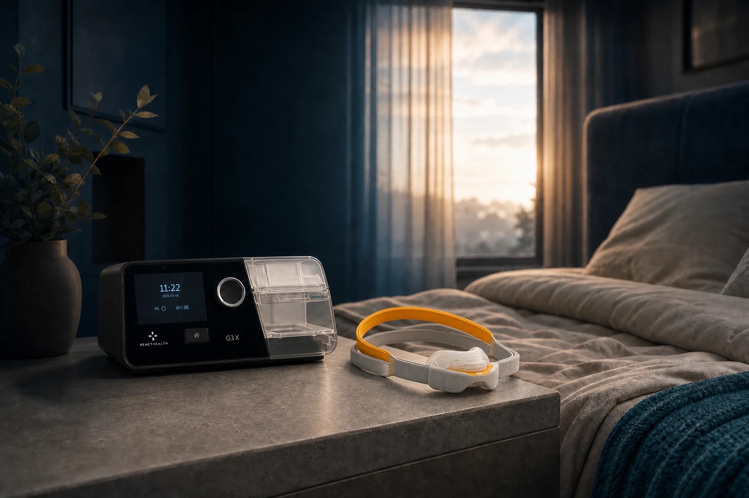 A React Health G3 X CPAP machine and nasal mask on a bedside table at dawn