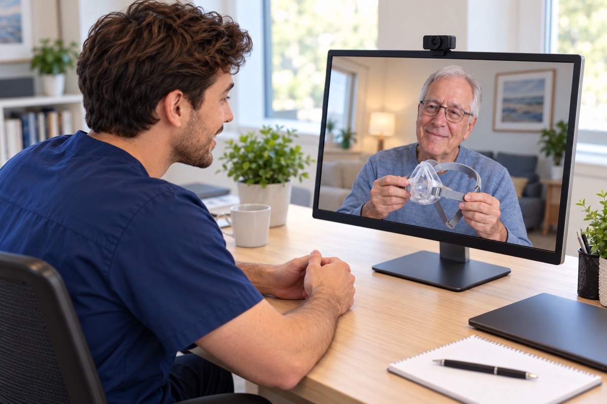 Illustrative scene of a clinical setup tech speaking with an older patient who holds his CPAP mask during a video visit.
