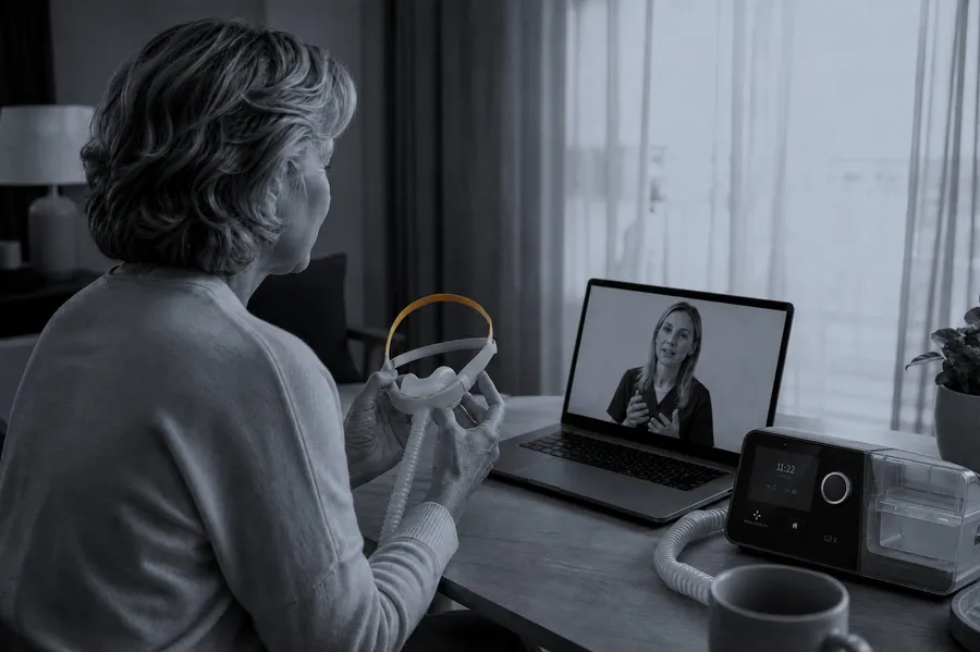 Illustrative scene of a patient holding a Fisher & Paykel Solo mask beside a React Health CPAP during a virtual setup visit.