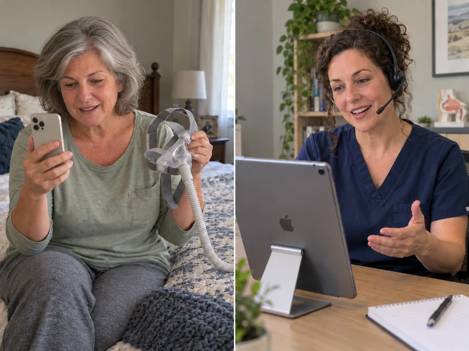 Split-screen illustration: a bedside patient holds up her CPAP mask and an iPhone for a video call while a sleep coach in a separate office helps her using an iPad and headset.